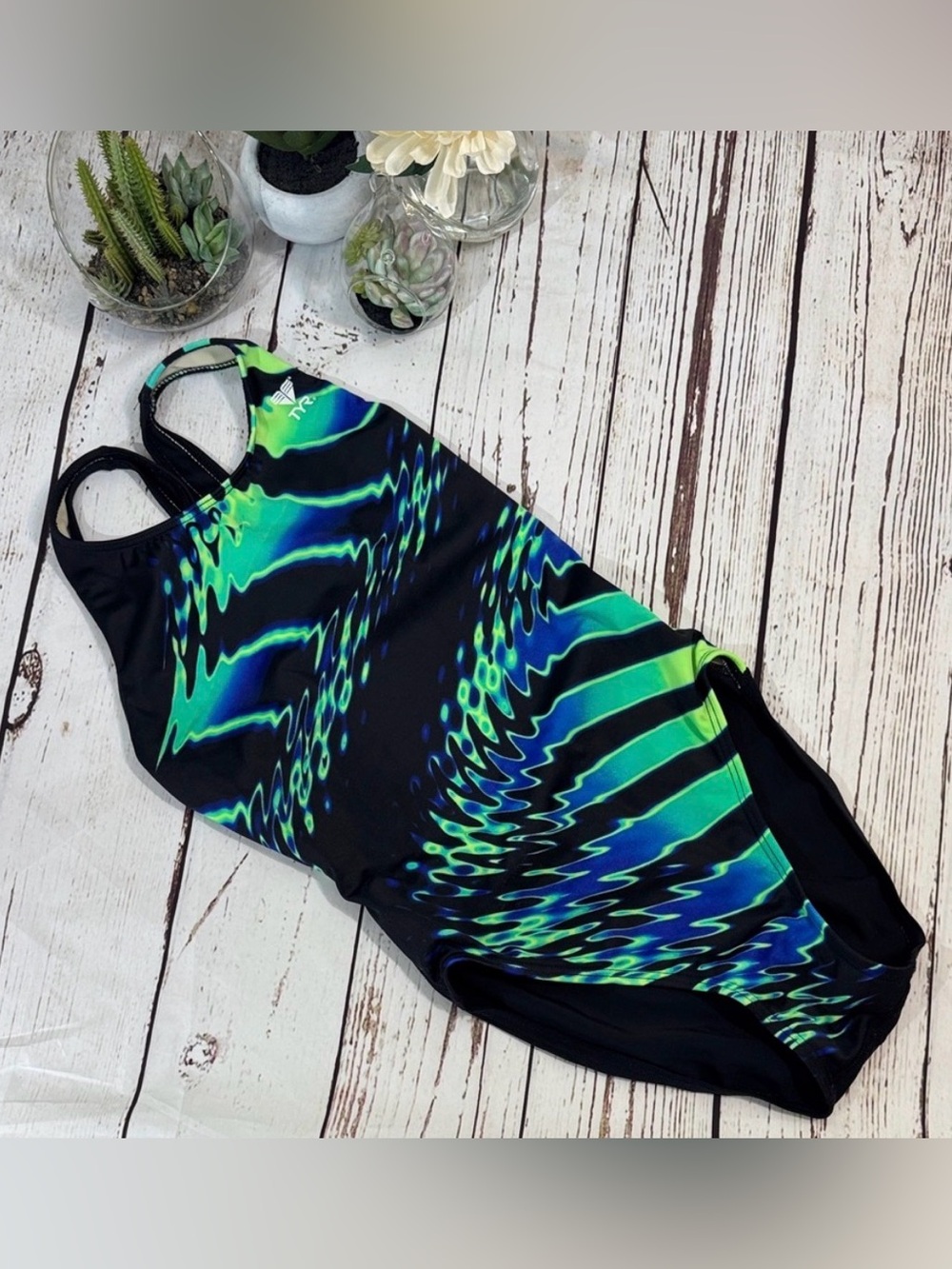 TYR Black One-Piece Swimsuit with Neon Green & Blue Wave Print 34(M)
